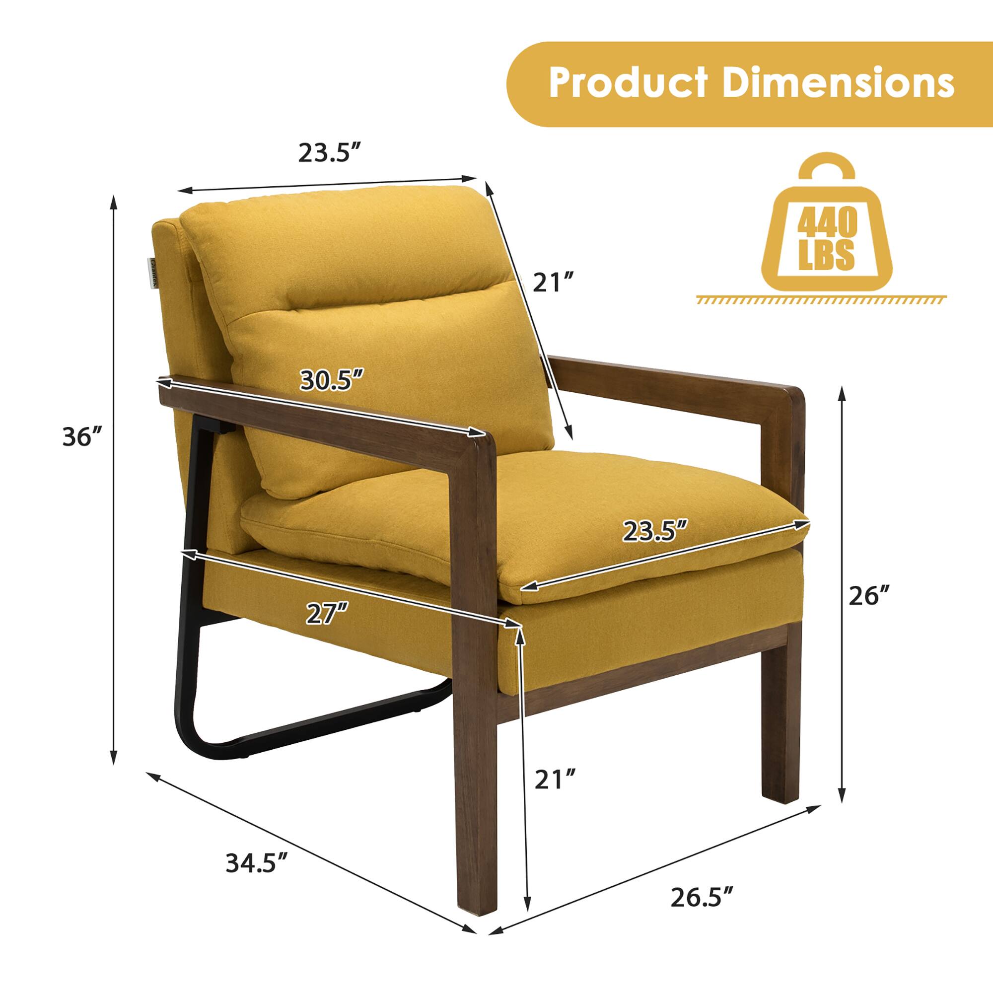 Product Dimensions:  
- Height: 36"  
- Width: 34.5"  
- Depth: 26.5"  
- Seat Height: 27"  
- Seat Depth: 26"  
- Armrest Height: 30.5"  
- Back Height: 23.5"  
- Back Width: 21"  
- Seat Width: 23.5"  
- Weight Capacity: 440 LBS