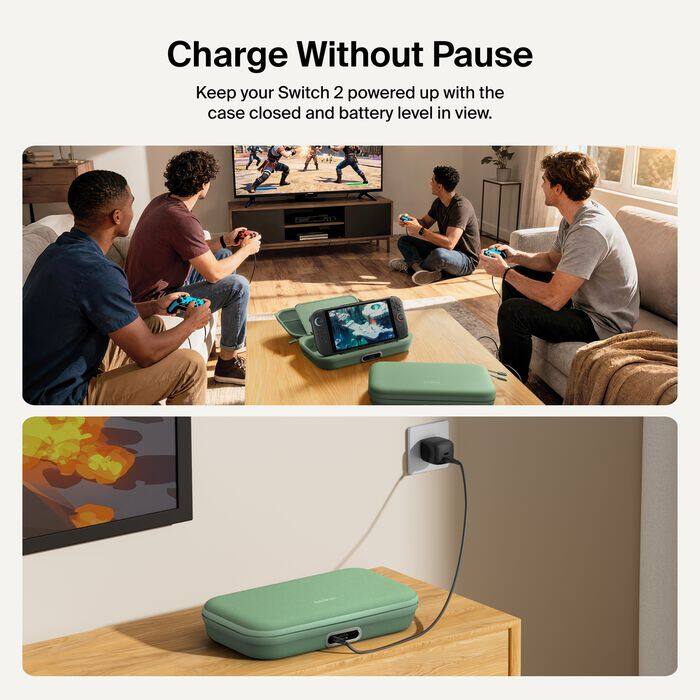 Charge Without Pause  
Keep your Switch 2 powered up with the case closed and battery level in view.
