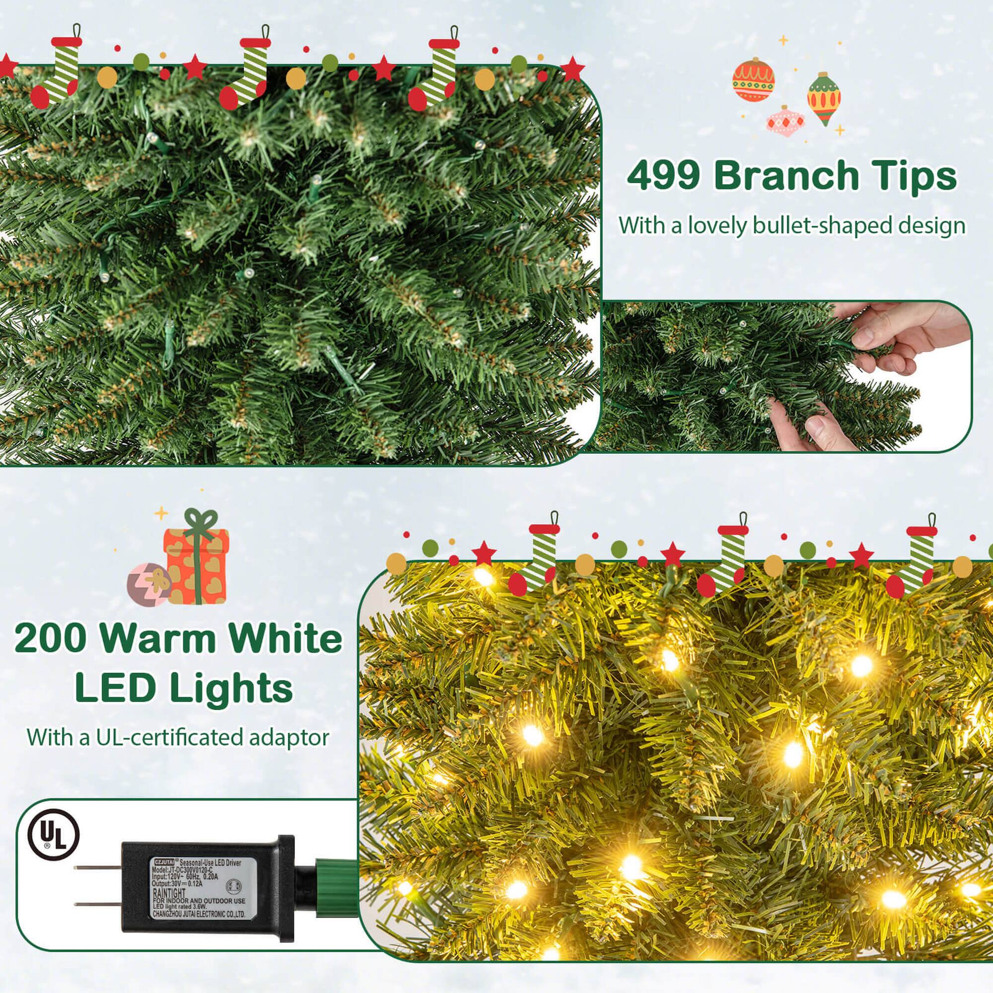 499 Branch Tips  
With a lovely bullet-shaped design  

200 Warm White LED Lights  
With a UL-certificated adaptor