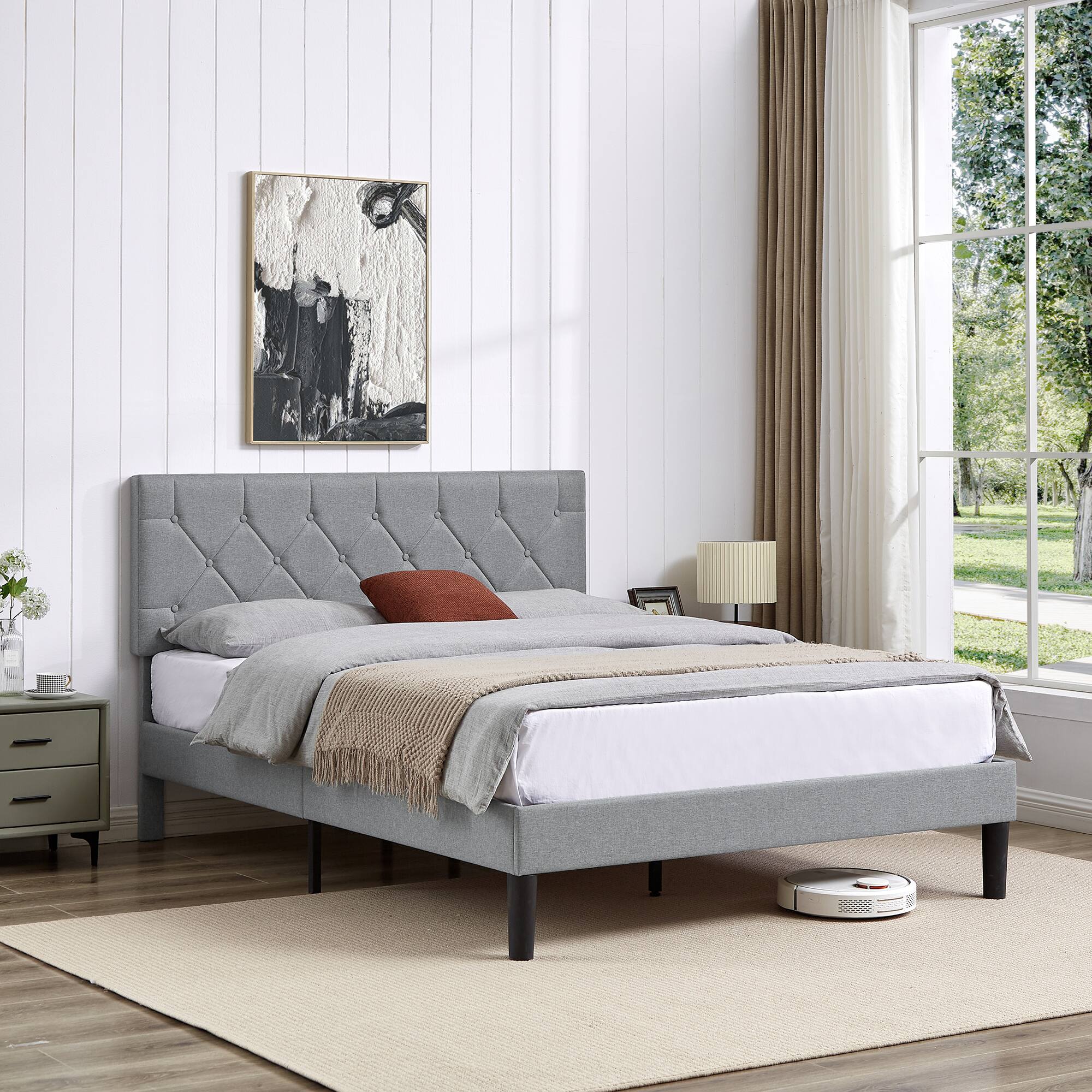 Alt View 4. Vecelo - Full Bed Frame with Upholstered Headboard, Heavy Duty Wooden Bed Slats - Noiseless Platform Bed, No Box Spring Required - Grey.
