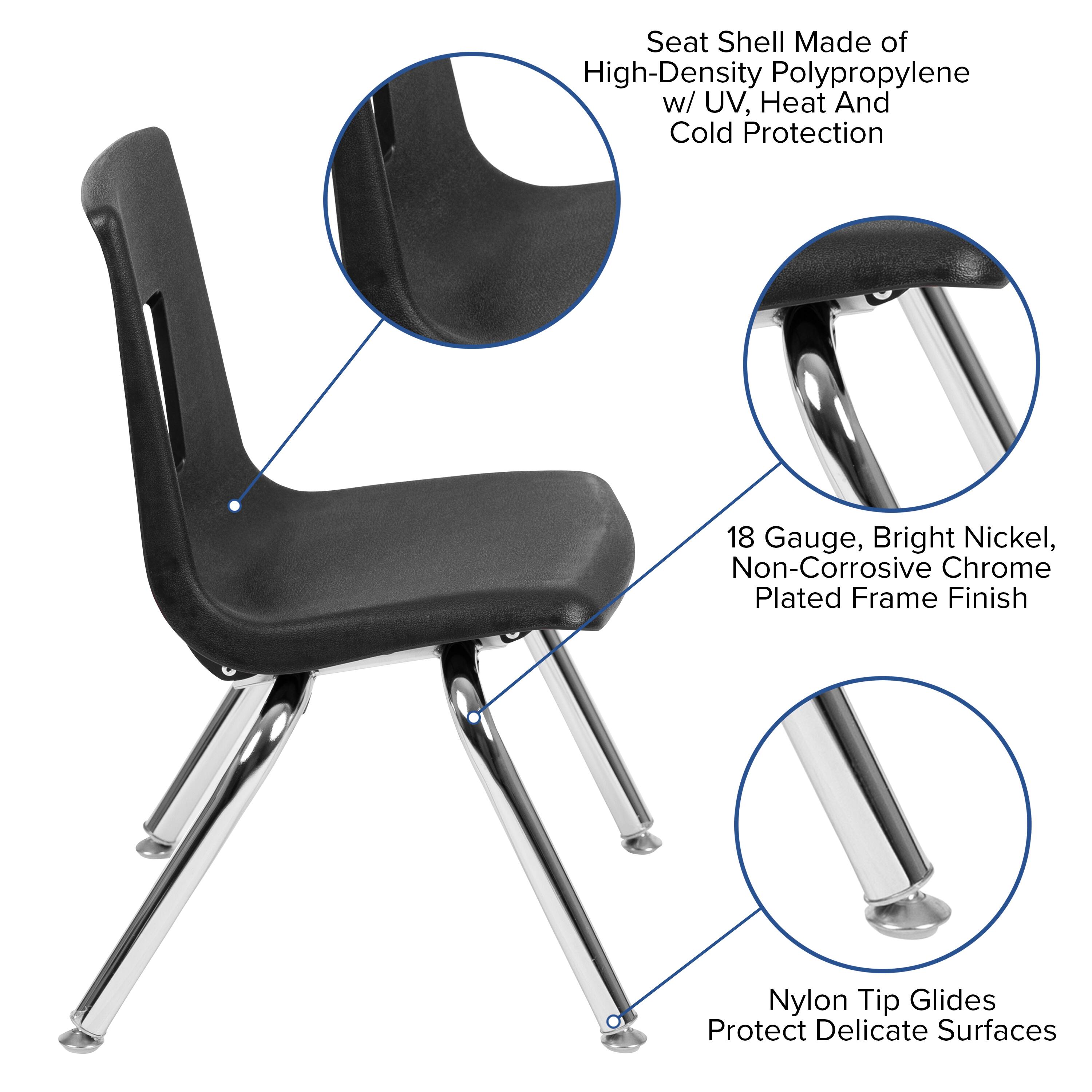 Seat Shell Made of High-Density Polypropylene w/ UV, Heat And Cold Protection  
18 Gauge, Bright Nickel, Non-Corrosive Chrome Plated Frame Finish  
Nylon Tip Glides Protect Delicate Surfaces