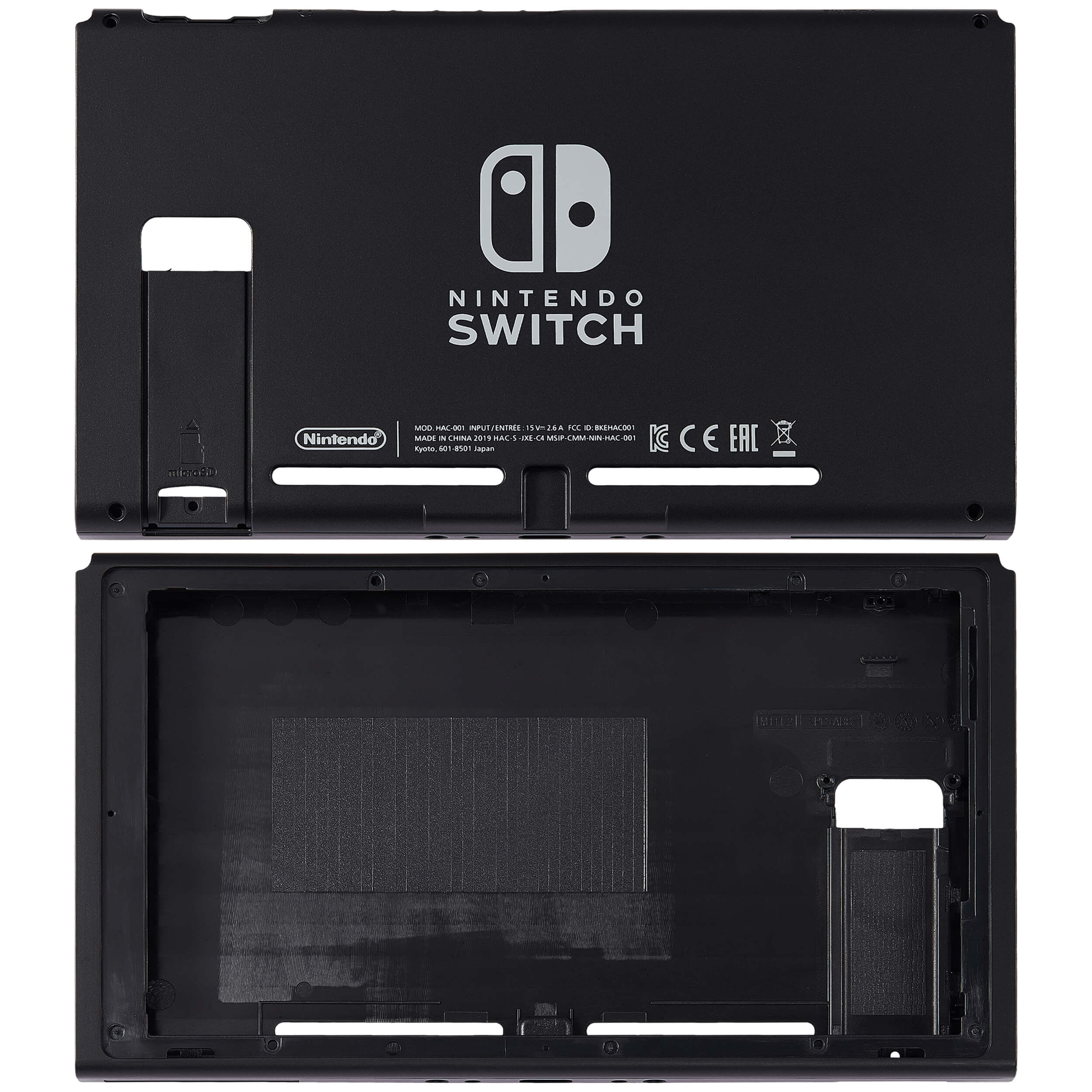 Sure, here is the corrected and grouped text from the image:

**Top Section:**
- NINTENDO SWITCH
- Nintendo
- MADE IN CHINA 2019 HAC-001
- Kyoto, 601-8051 Japan
- 224 FCC ID: BHN-HAC001
- MSP-CAM-001-HAC-001
- CE
- EAC
- IC: 5838A01

**Bottom Section:**
- NINTENDO SWITCH
- Nintendo
- MADE IN CHINA 2019 HAC-001
- Kyoto, 601-8051 Japan
- 224 FCC ID: BHN-HAC001
- MSP-CAM-001-HAC-001
- CE
- EAC
- IC: 5838A01