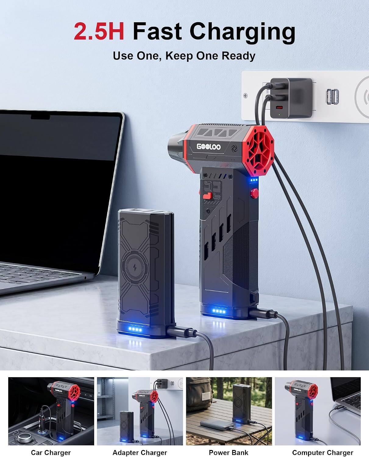 2.5H Fast Charging  
Use One, Keep One Ready  

GOOLOO  
- Car Charger  
- Adapter Charger  
- Power Bank  
- Computer Charger