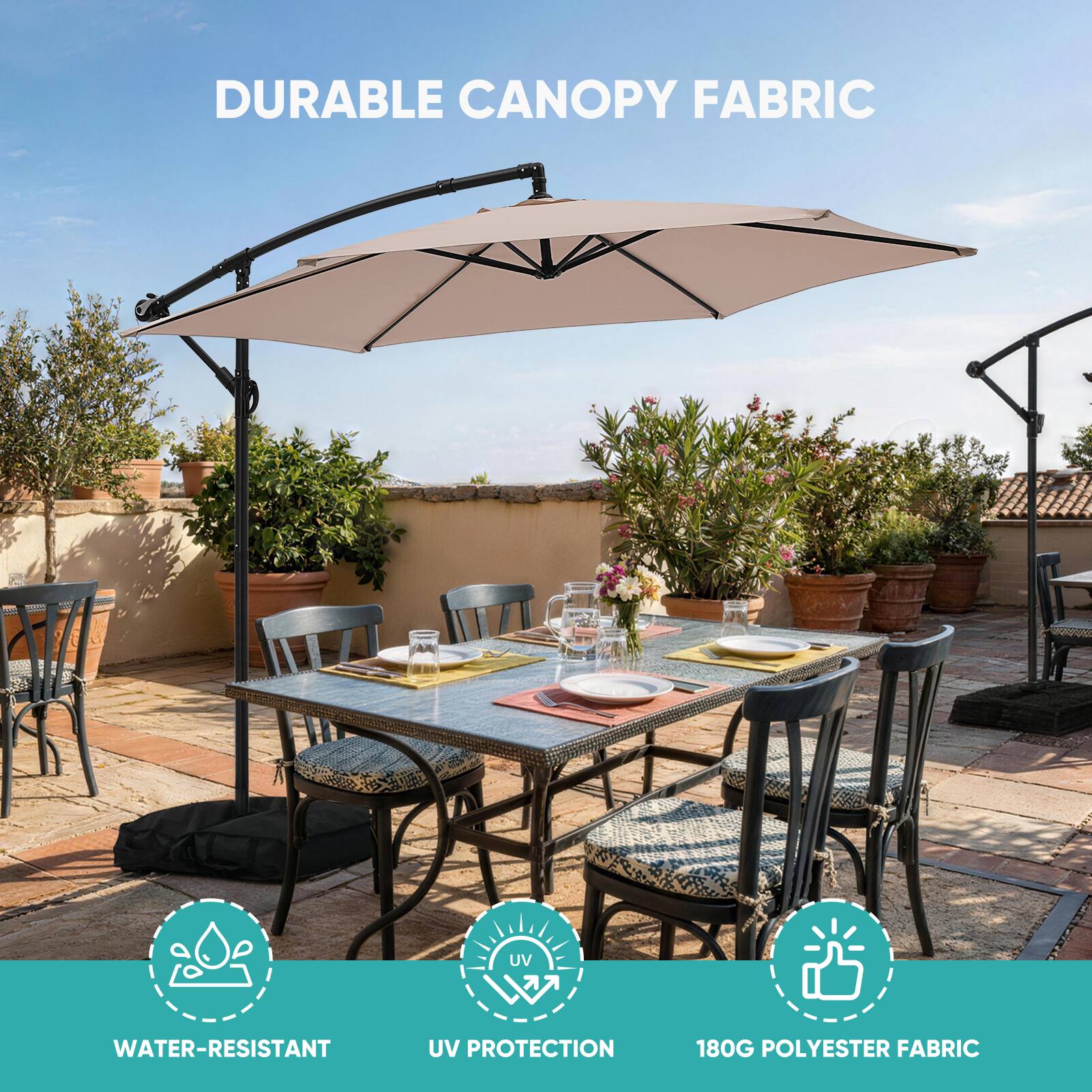 DURABLE CANOPY FABRIC

- WATER-RESISTANT
- UV PROTECTION
- 180G POLYESTER FABRIC