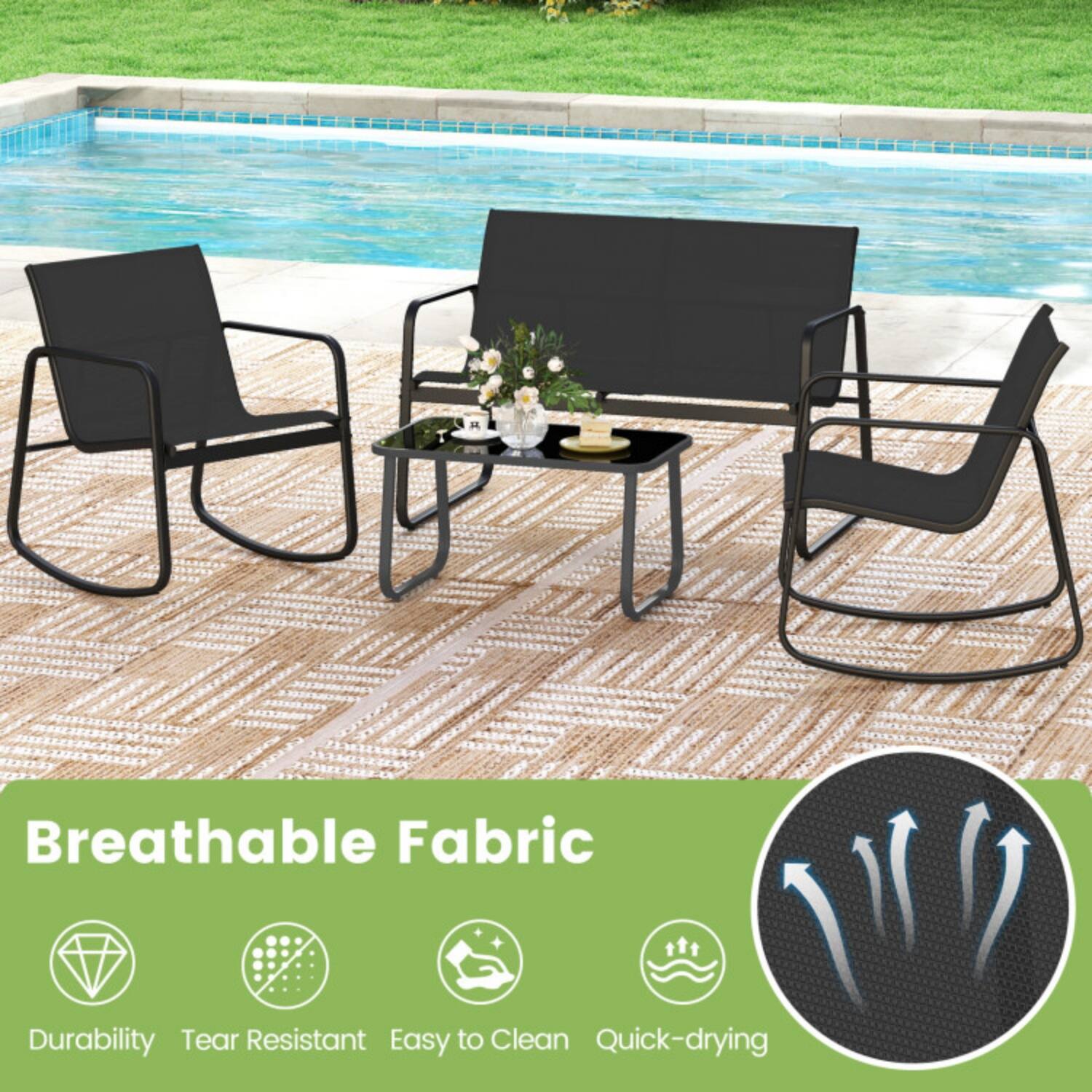 Breathable Fabric  
Durability  
Tear Resistant  
Easy to Clean  
Quick-drying