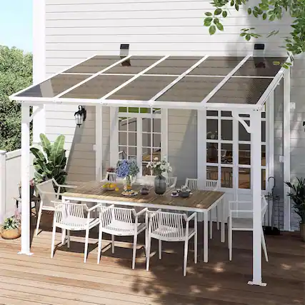 Front. Yardgrace - 8'x 10' Outdoor Wall Mounted Lean-to Gazebo, Heavy Duty Sloped Roof Metal Awning for Patio, Decks & Backyard - White.