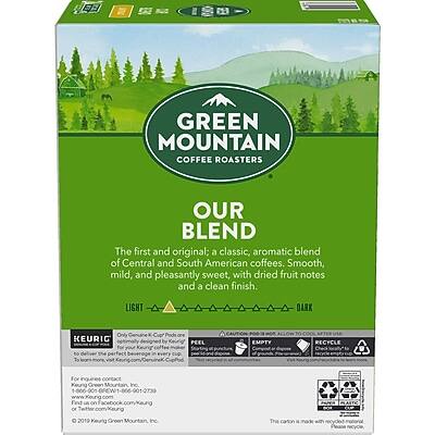 GREEN MOUNTAIN COFFEE ROASTERS

OUR BLEND
The first and original; a classic, aromatic blend of Central and South American coffees. Smooth, mild, and pleasantly sweet, with dried fruit notes and a clean finish.

LIGHT DARK

KEURIG
Only Keurig® K-Cup® Products
For your Keurig® coffee maker

PEEL
EMPTY TO RECYCLE

Check for contact Keurig Green Mountain Inc
Visit us online at www.Keurig.com or www.greenmountaincoffee.com

© 2019 Keurig Green Mountain, Inc.

The carton is made with 90% recycled content. Please recycle.