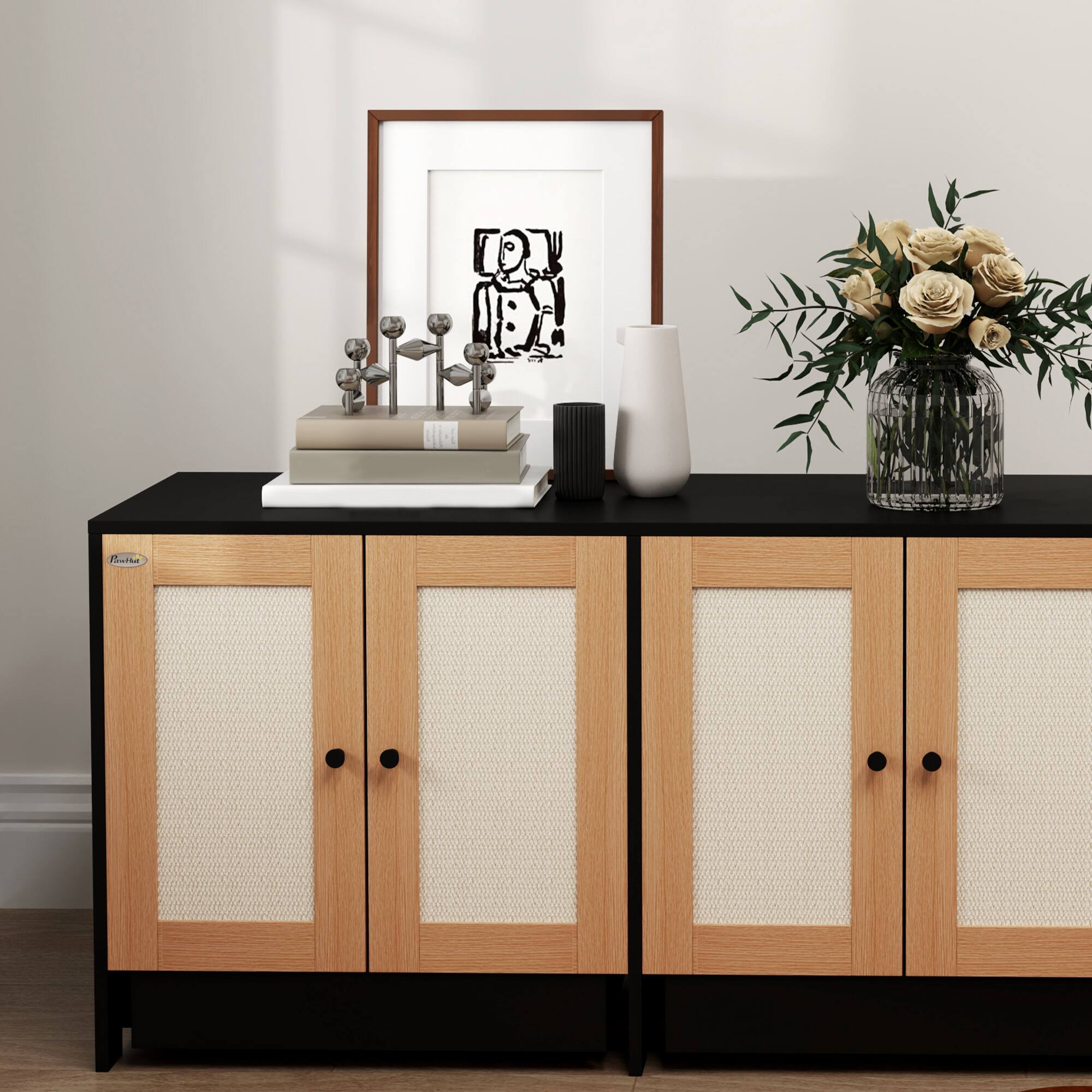 Alt View 5. Pawhut - Double Cat Litter Box Enclosure, Hidden Furniture for 2 Cats, Side Table with 2 Cabinets, Scratching Mats, Trays - Black.