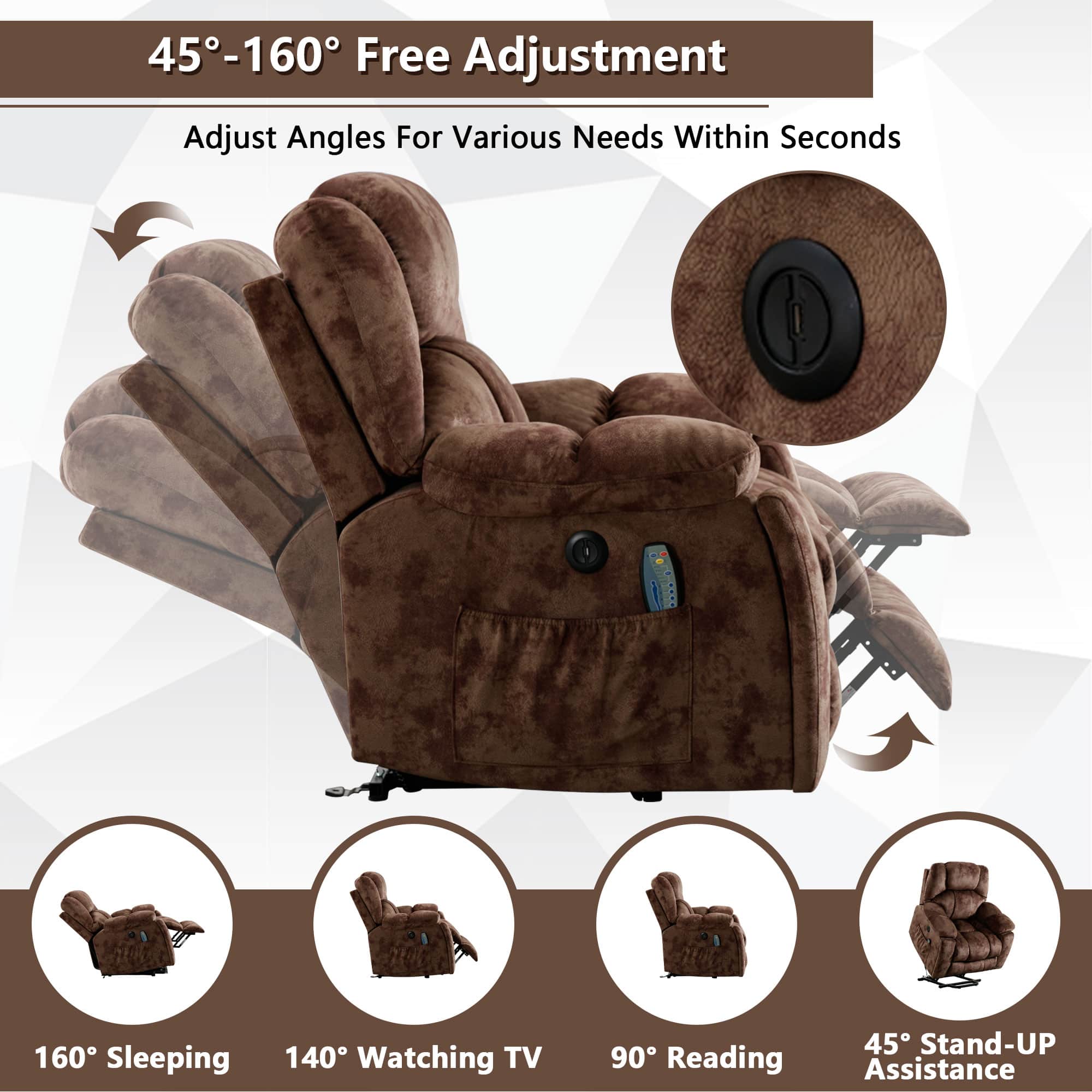 The text on the image reads: "45-160 Free Adjustment Adjust Angles For Various Needs Within Seconds 160 Sleeping 140 Watching TV 90 Reading 45 Stand-Up Assistance."