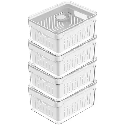 Front. OU - OU Fridge Organizer Bins with Drain Basket & Vented Lid, Clear Refrigerator Storage Bin, 4 Pack - Clear.