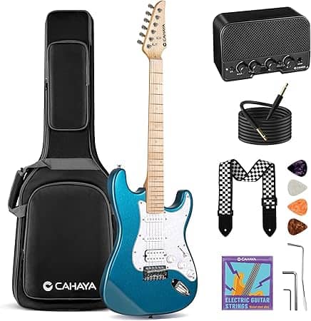 CAHAYA - Electric Guitar Set Beginner - 39in Starter Guitar Kit with HSS Pickup Okoume Body Adults Blue CY0016-1