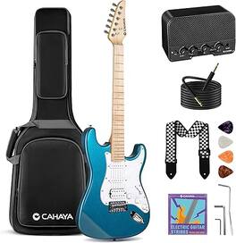CAHAYA - Electric Guitar Set Beginner - 39in Starter Guitar Kit with HSS Pickup Okoume Body Adults Blue CY0016-1
