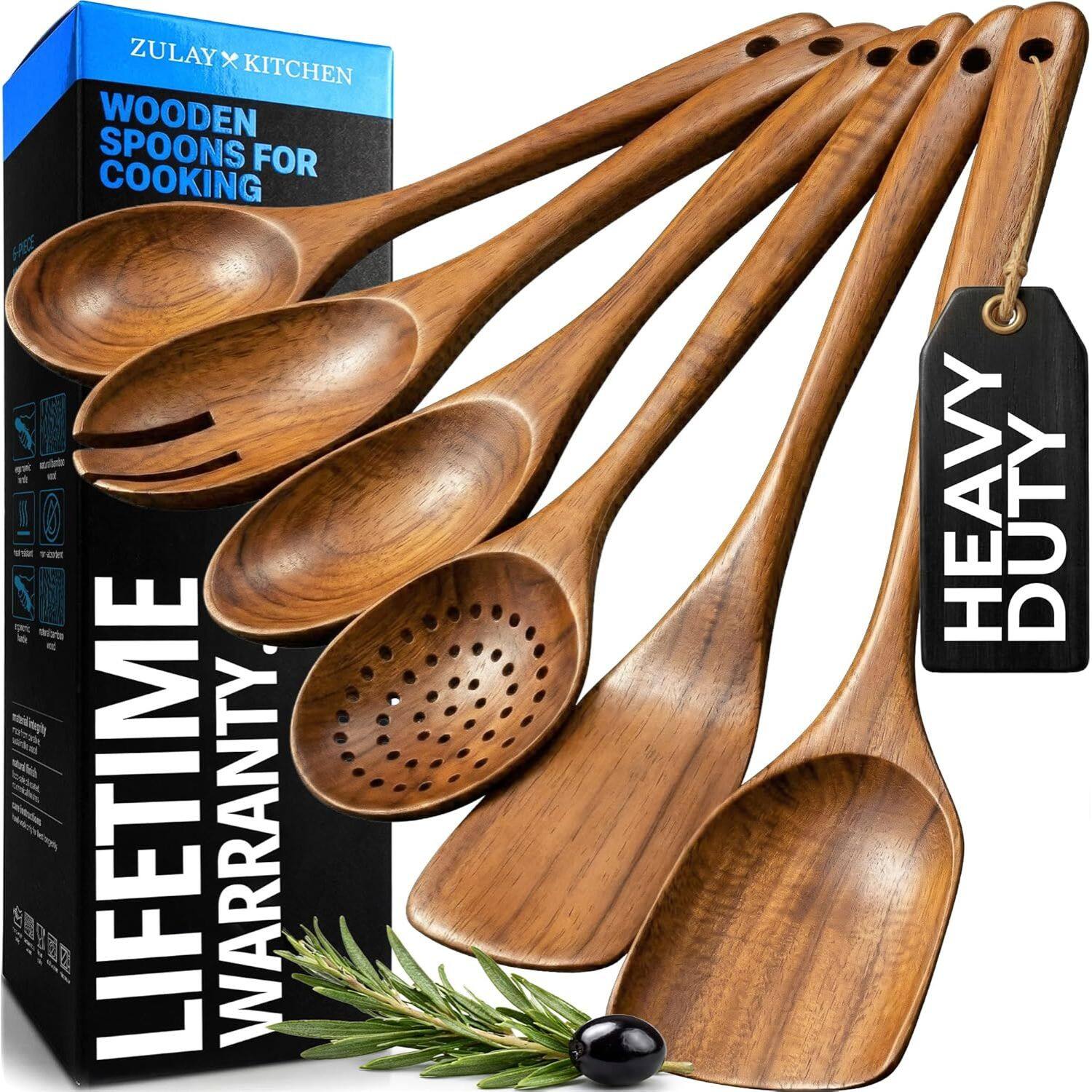 Zulay Kitchen - 6-Piece Wooden Cooking Spoons Set with Comfort Grip - Brown