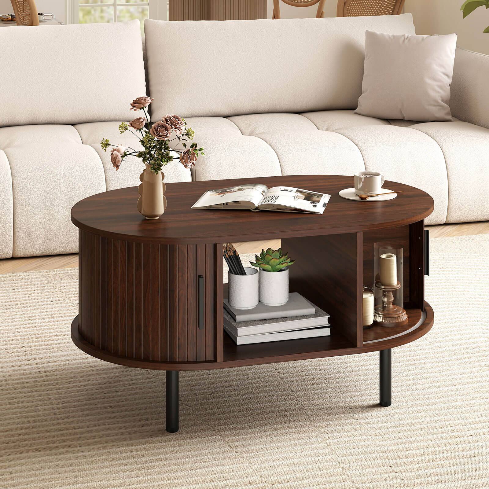 Alt View 4. Costway - Costway Oval Coffee Table with Storage Sliding Tambour Doors Open Compartment - Brown.