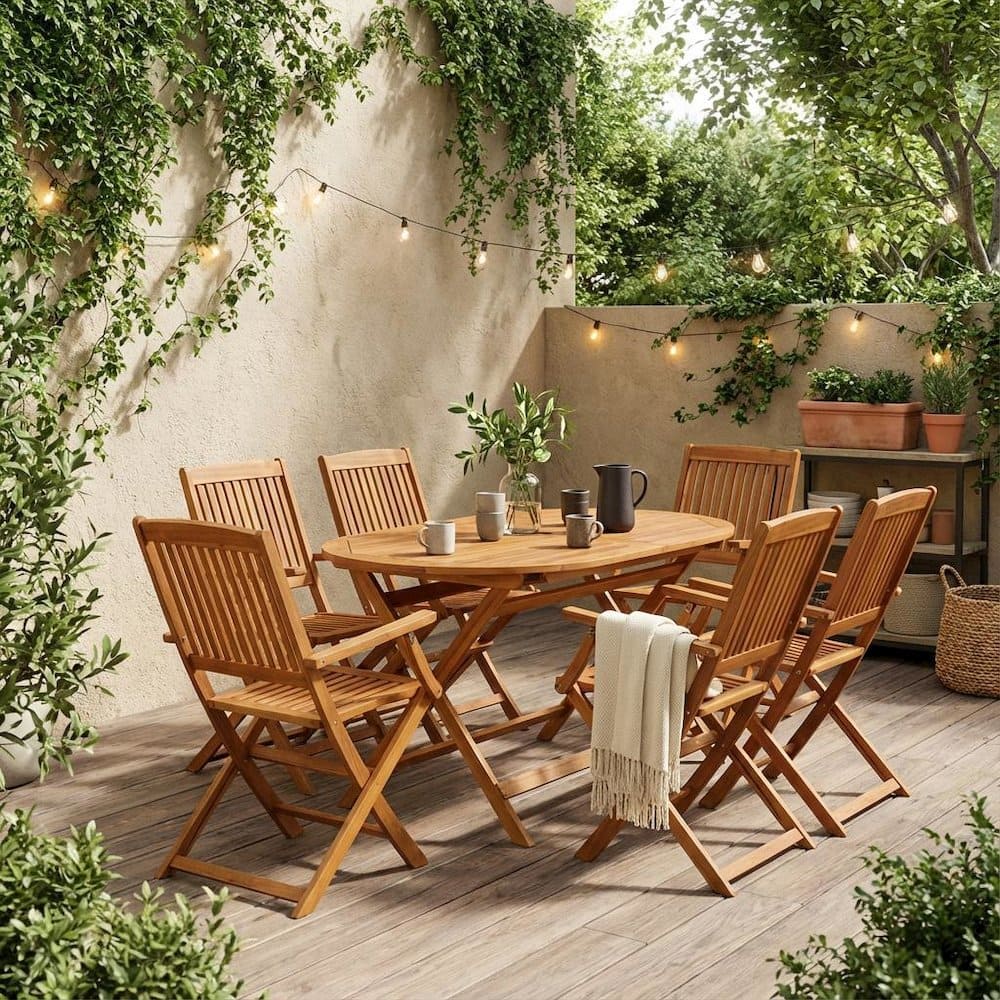 Outdoor Escape - Oil-Finished Wooden Patio Dining Table and 6 Patio Chairs - Brown price history on PriceWatchPro