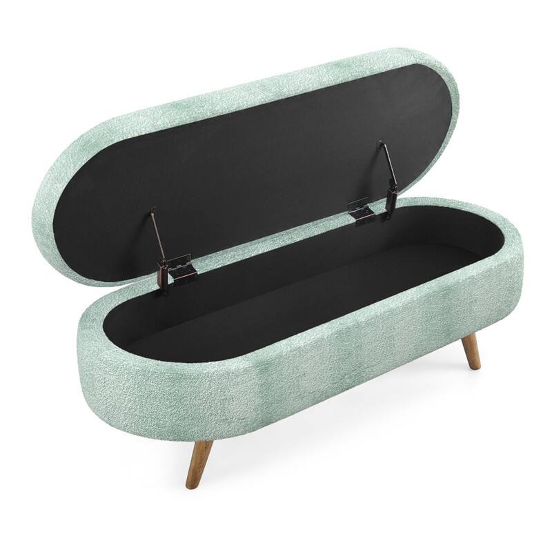 Angle. HTUTWOO - 43.5" Ottoman Storage Bench - Oval Upholstered Linen Fabric Footrest Bench with Wood Legs, End of Bed for Living Room - Cyan.