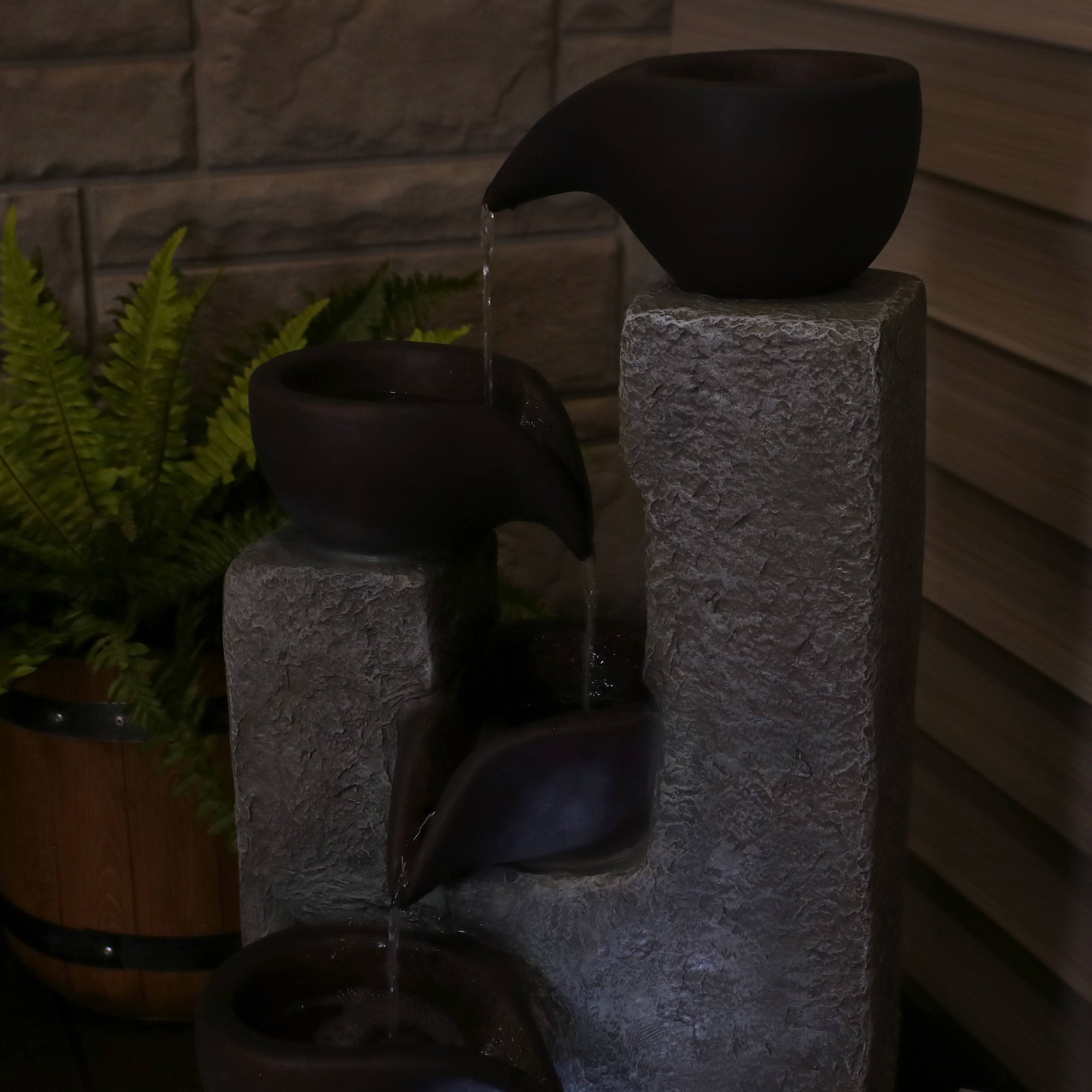 Alt View 3. Sunnydaze - Aged Tiered Vessels Solar Water Fountain with Battery - 29 in - Grey.