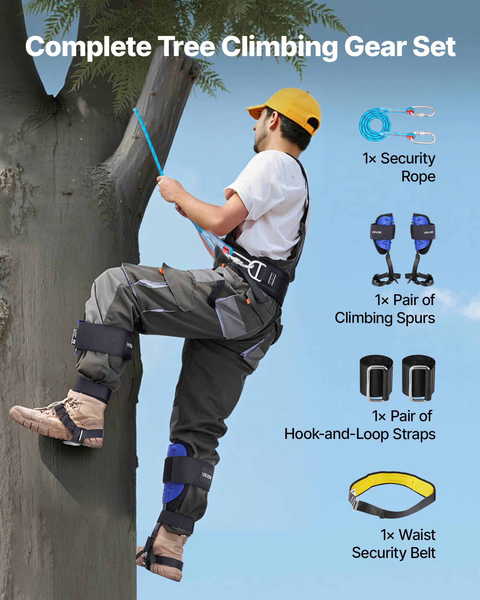 Complete Tree Climbing Gear Set  
1x Security Rope  
1x Pair of Climbing Spurs  
1x Pair of Hook-and-Loop Straps  
1x Waist Security Belt