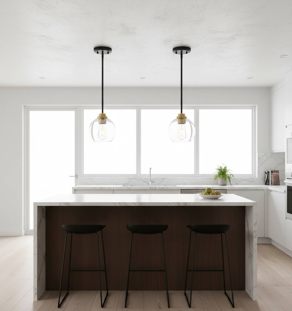 Alt View 4. FINEAK - Farmhouse Kitchen Island Pendant Lights with Clear Glass Shade (2-Pack) - Clear Glass Globe, Black and Gold.