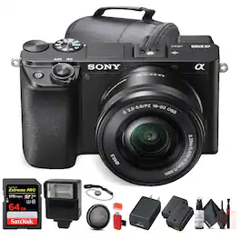 Bundle - Sony - Alpha a6100 Mirrorless Digital Camera (ILCE6100L/B) with 16-50mm Lenses With Flash, Extra Battery, 64GB Memory Car - Black