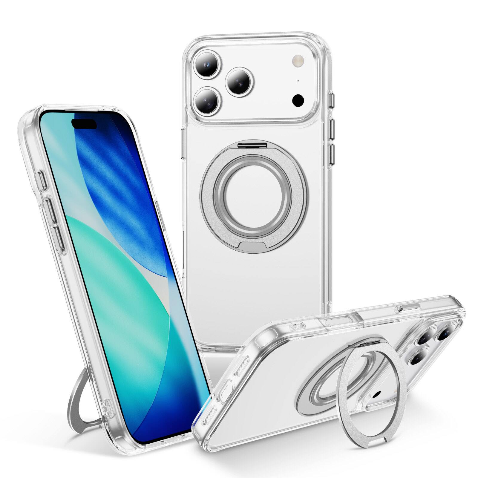 Front. Alpha Digital - Full Protective iPhone 17ProMax Case w/ Magnetic Rotatable Ring Stand- Soft Flex, Anti-Drop/Fingerprint -360 shockproof - CLEAR.