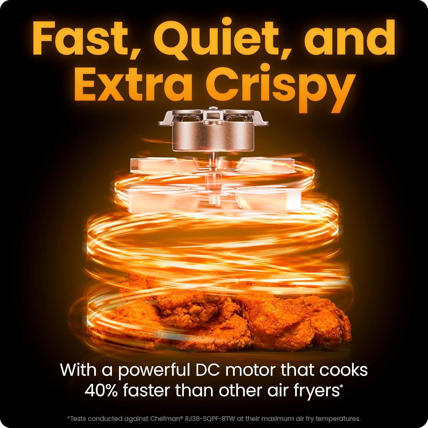 Fast, Quiet, and Extra Crispy

With a powerful DC motor that cooks 40% faster than other air fryers*

*Tests conducted against Chefman® RJ38-SQPF-8TW at their maximum air fry temperatures.