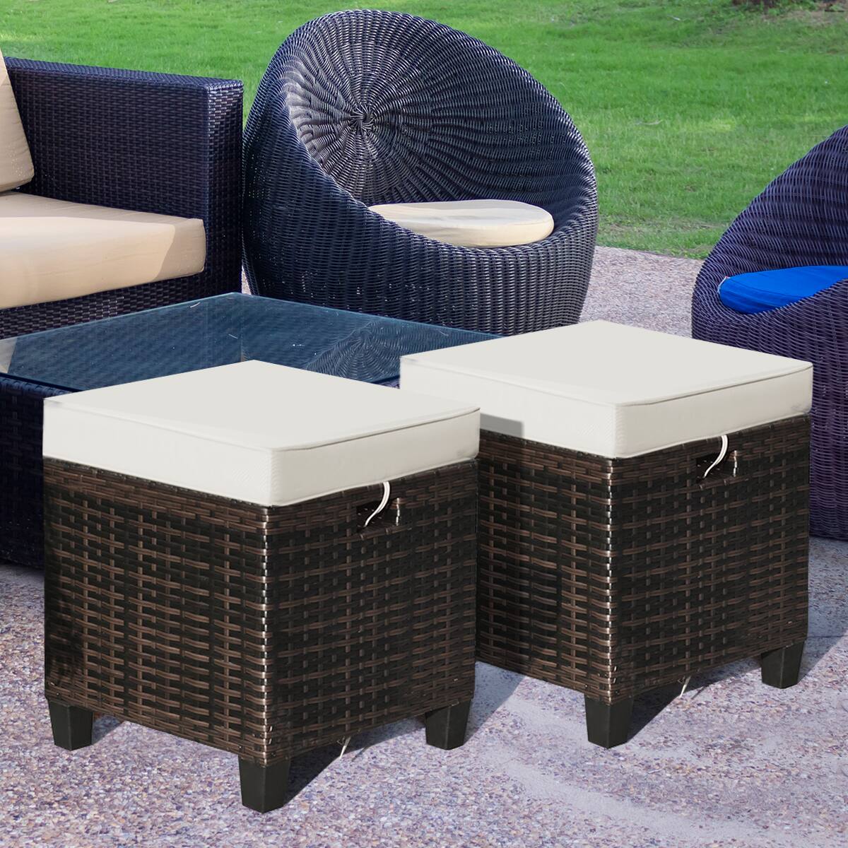 Alt View 3. Costway - 2PCS Patio Rattan Ottoman Cushioned Seat Foot Rest Coffee Table - Brown.