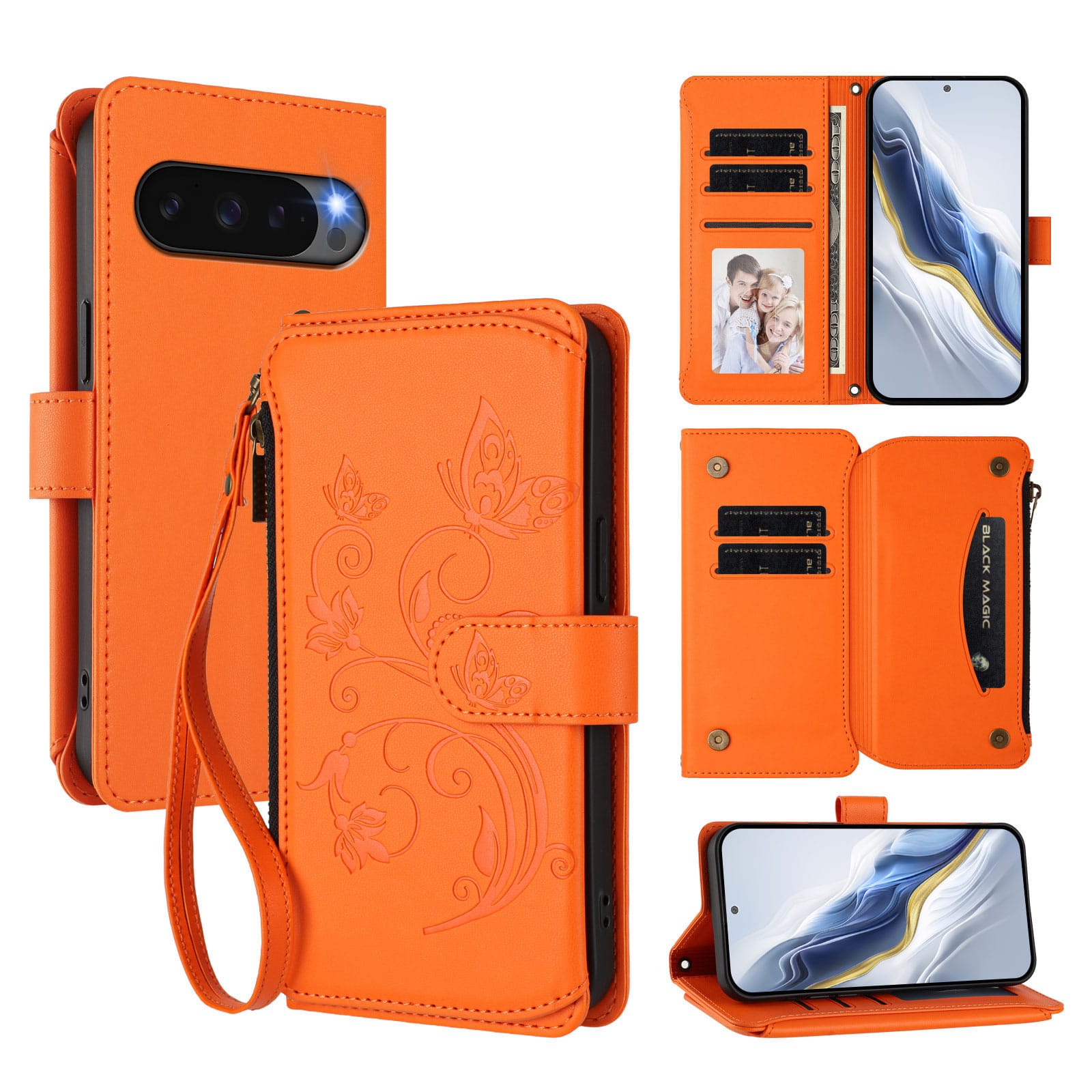 Dteck - Crossbody Wallet Case for Google Pixel 10 Pro XL,Embossed Butterfly Flower Folio Cover with Zipper Pocket+Strap - Orange price history on PriceWatchPro