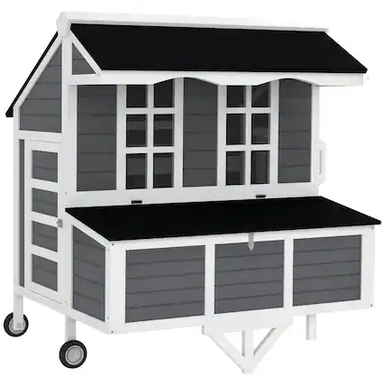Front. Pawhut - Chicken Coop with Wheels, Chicken Tractor with Nesting Box, Windows, Pull-out Tray, Perches.