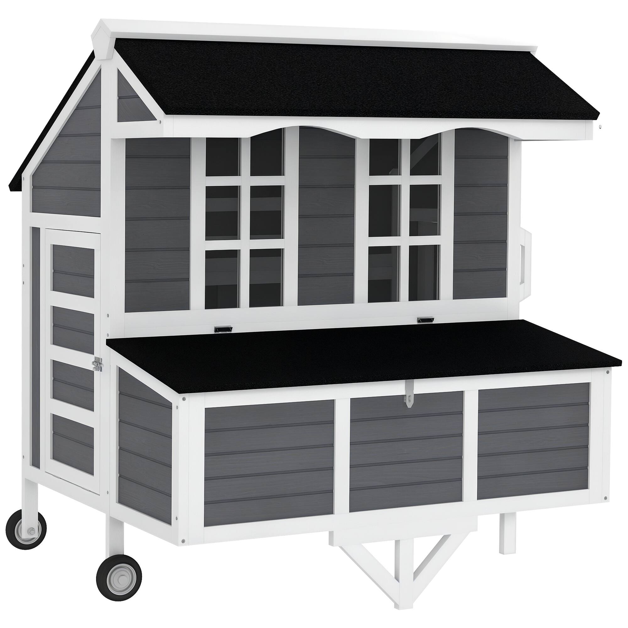 Front. Pawhut - 43" Chicken Coop with Wheels, Nesting Box, Windows, Pull-out Tray,  Wooden Chicken Tractor, Rabbits, Backyard.