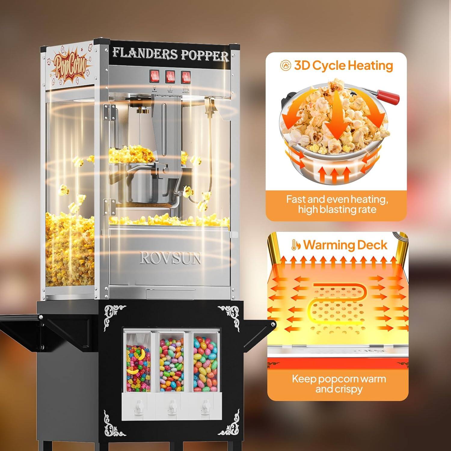 FLANDERS POPPER  
ROVSUN  

3D Cycle Heating  
Fast and even heating, high blasting rate  

Warming Deck  
Keep popcorn warm and crispy