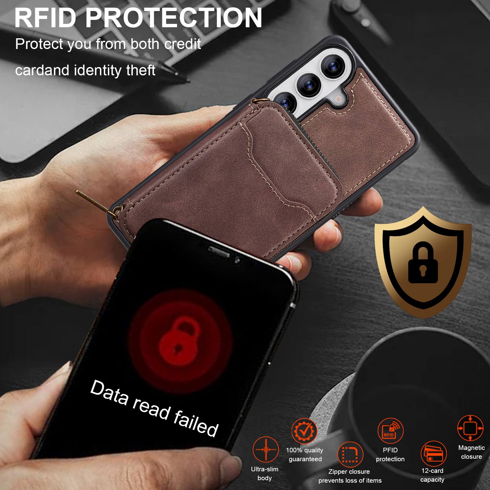RFID PROTECTION  
Protect you from both credit card and identity theft  

Data read failed  

100% quality guaranteed protection  
Ultra-slim closure  
Zipper body prevents loss of items  
Magnetic closure  
12-card capacity  

RFID PROTECTION  
Protect you from both credit card and identity theft