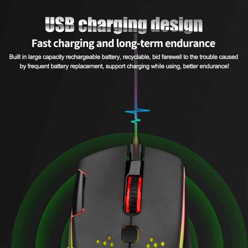 USB charging design  
Fast charging and long-term endurance  
Built in large capacity rechargeable battery, recyclable, bid farewell to the trouble caused by frequent battery replacement, support charging while using, better endurance!