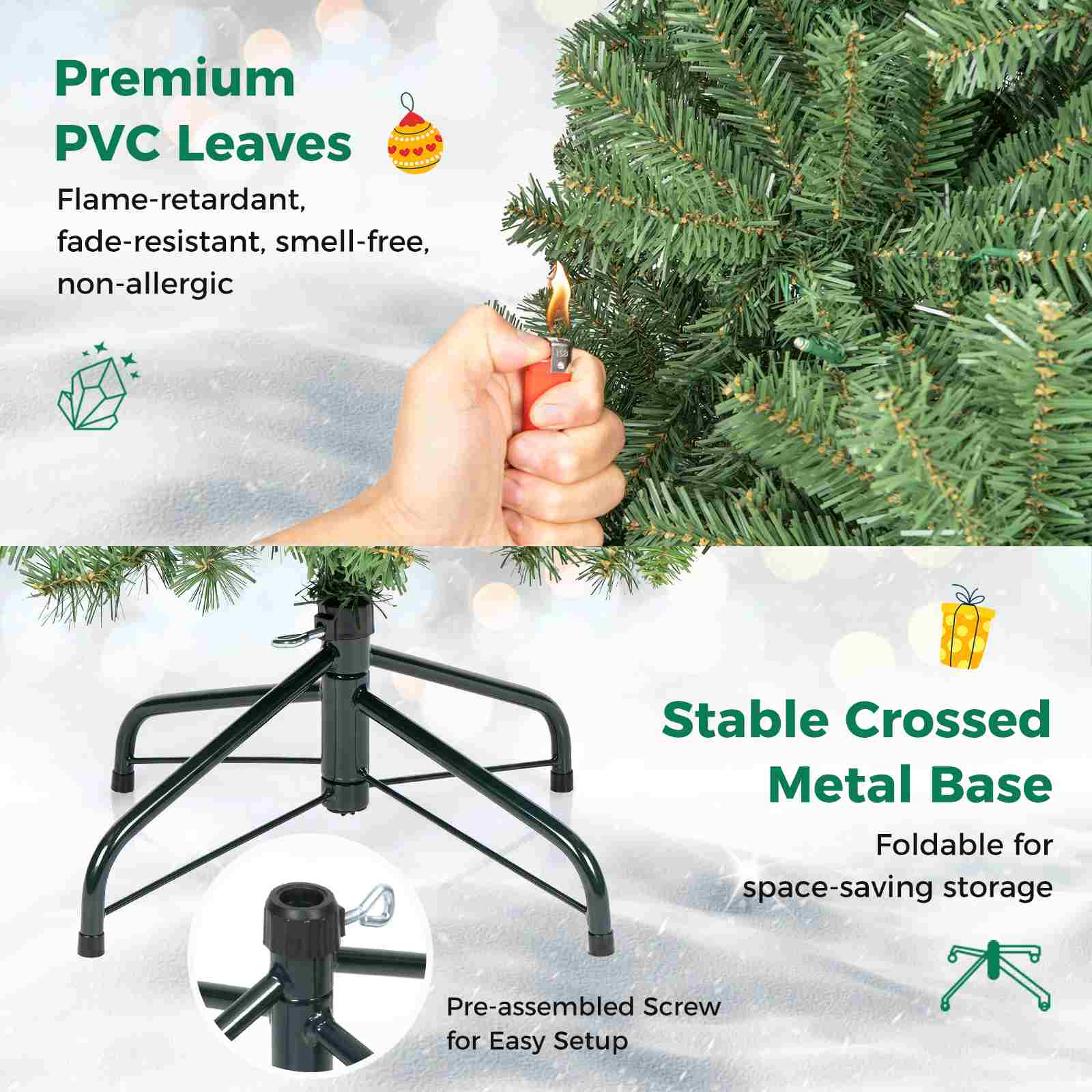 Premium PVC Leaves  
Flame-retardant, fade-resistant, smell-free, non-allergic  

Stable Crossed Metal Base  
Foldable for space-saving storage  

Pre-assembled Screw for Easy Setup