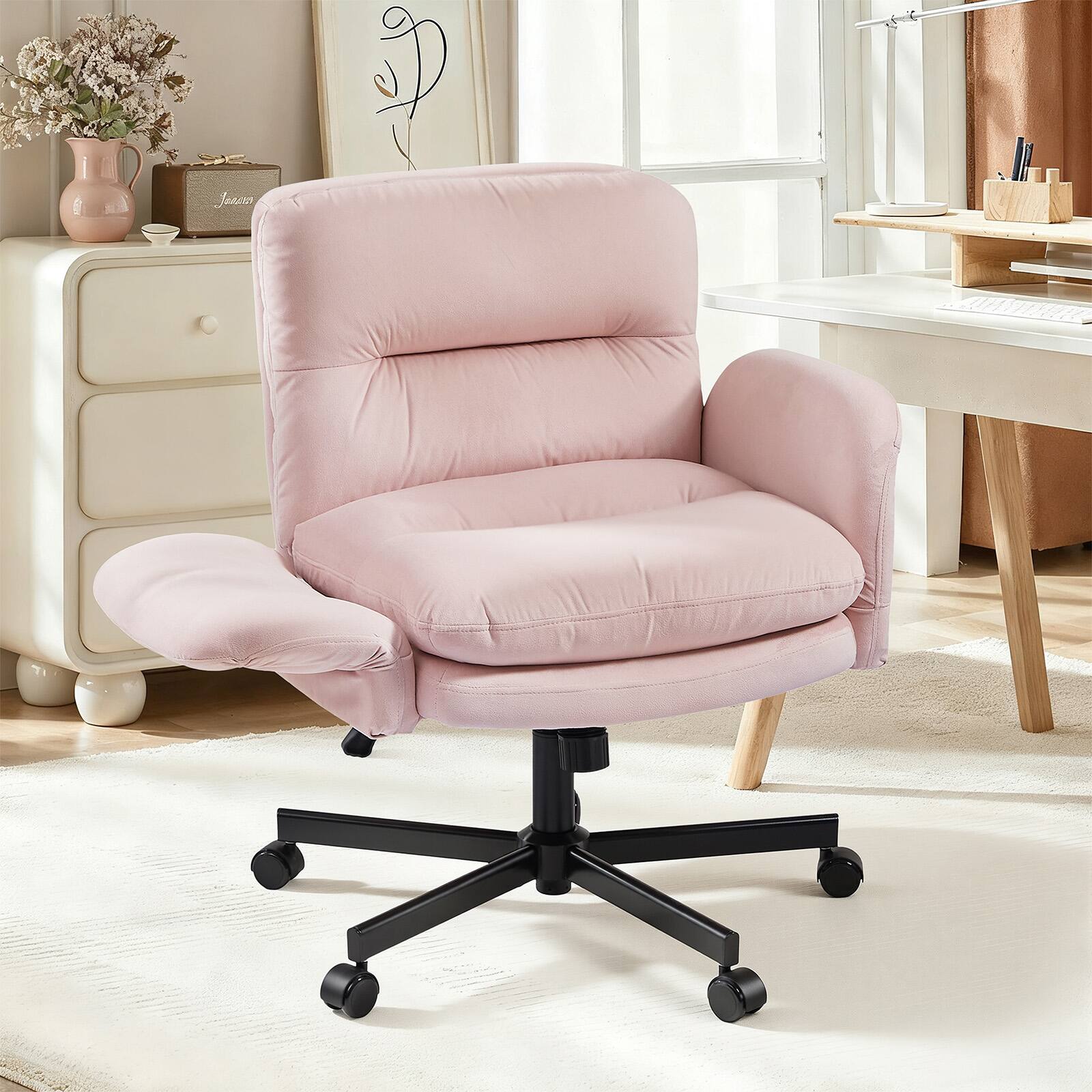Alt View 5. Bestier - Criss Cross Office Chair, Flip-Up Armrest Swivel Desk Chair with Wheel, Ergonomic Computer Chair for Study Makeup Gaming - Pink.