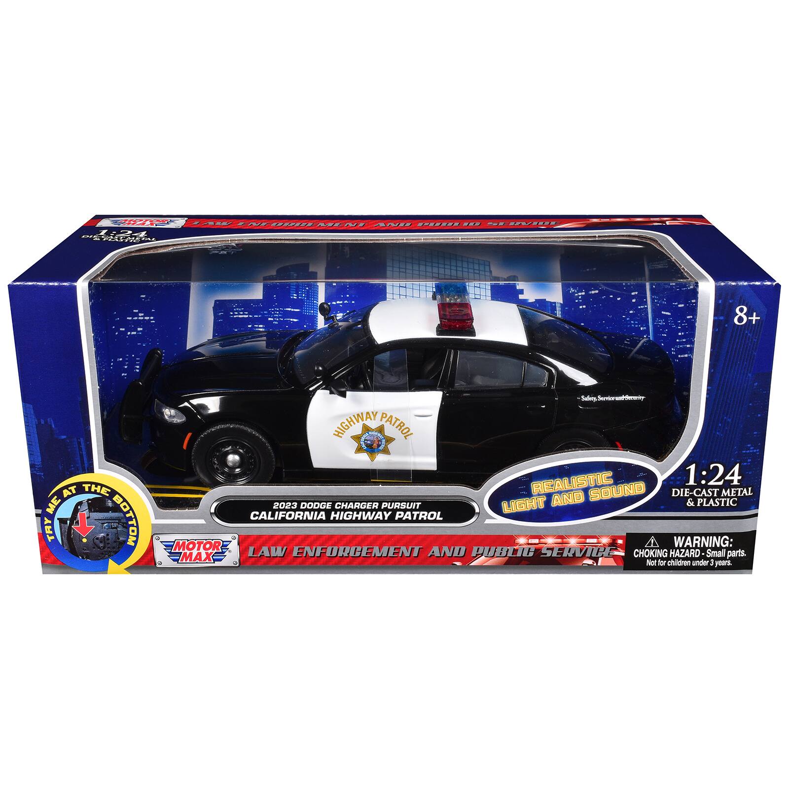 A SAI FN - -  -- ..-E- AENI AND 4 PME 8+ AT THE ME TAY + S BOTTOM Salny-Serdorunddericy HIGHWAY PATROL REALISTIC 1:24 AND SOUNO DIE-CAST METAL 2023 DODGE CHARGER PURSUIT LIGHT & PLASTIC CALIFORNIA HIGHWAY PATROL MOTOR WARNING: MAX LAW ENFORCEMENT AND PUBLIC SERVICE CHOKING HAZARD Small parts. Not for children under 3 years.