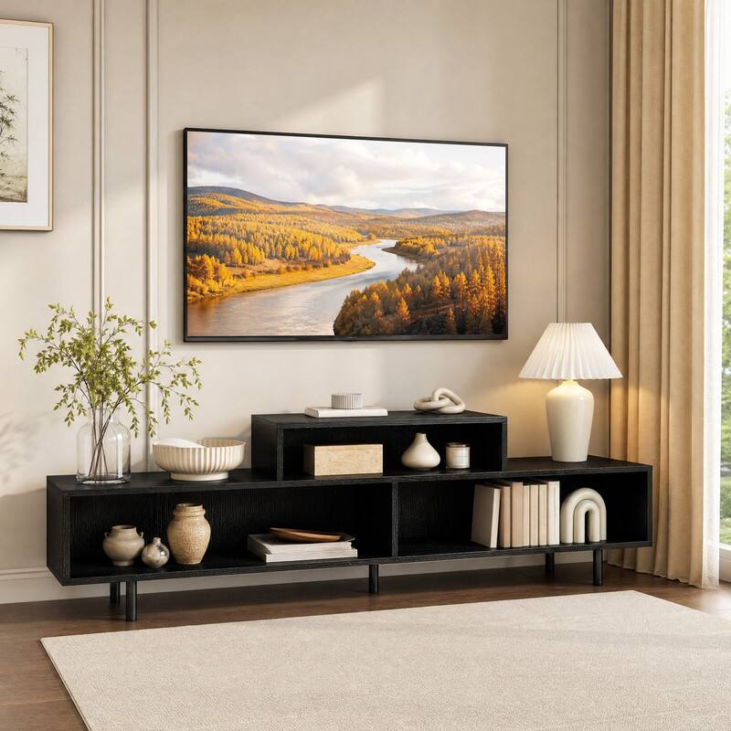 Angle. WELLFOR - TV Stand for TVs up to 70" with Open Storage Compartments,Entertainment Center Media Console for Living Room, Bedroom - Black.