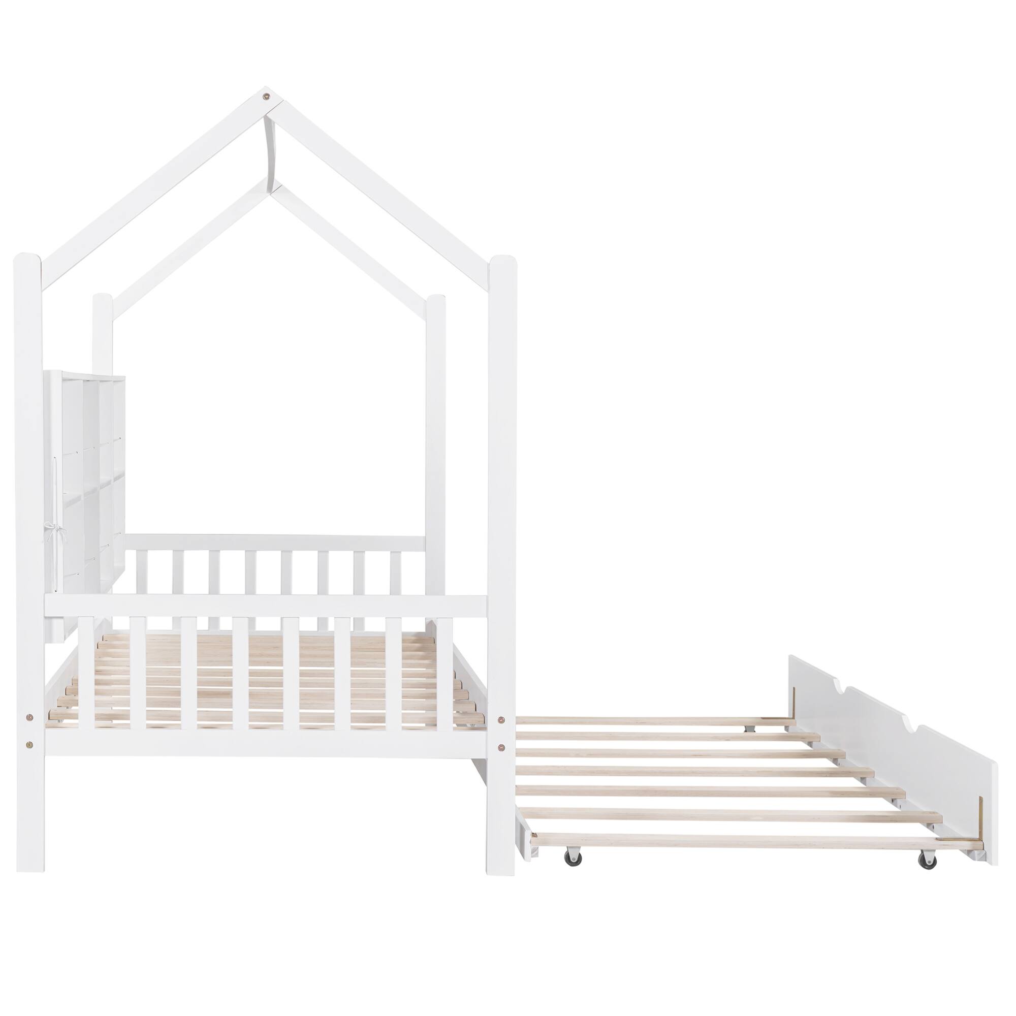 Alt View 10. GOODSILO - Wooden Twin Size Playhouse Bed with Trundle and Storage Shelf for Kids, Sturdy and Space-Saving Design - White.