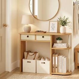 Furinno - JAYA 32-Inch Oak Entryway Table with 2 Fabric Drawers, Console Table with Open Shelves, Behind Sofa Couch Tables - Beech/Ivory/White