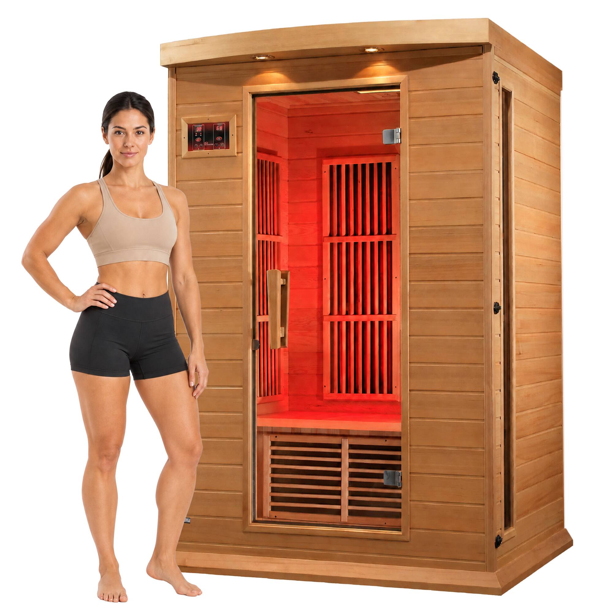 Front. Dynamic Saunas - Dynamic Saunas Toulouse 2 Person Infrared Sauna w/Speakers, Canadian Hemlock - Natural Finish.