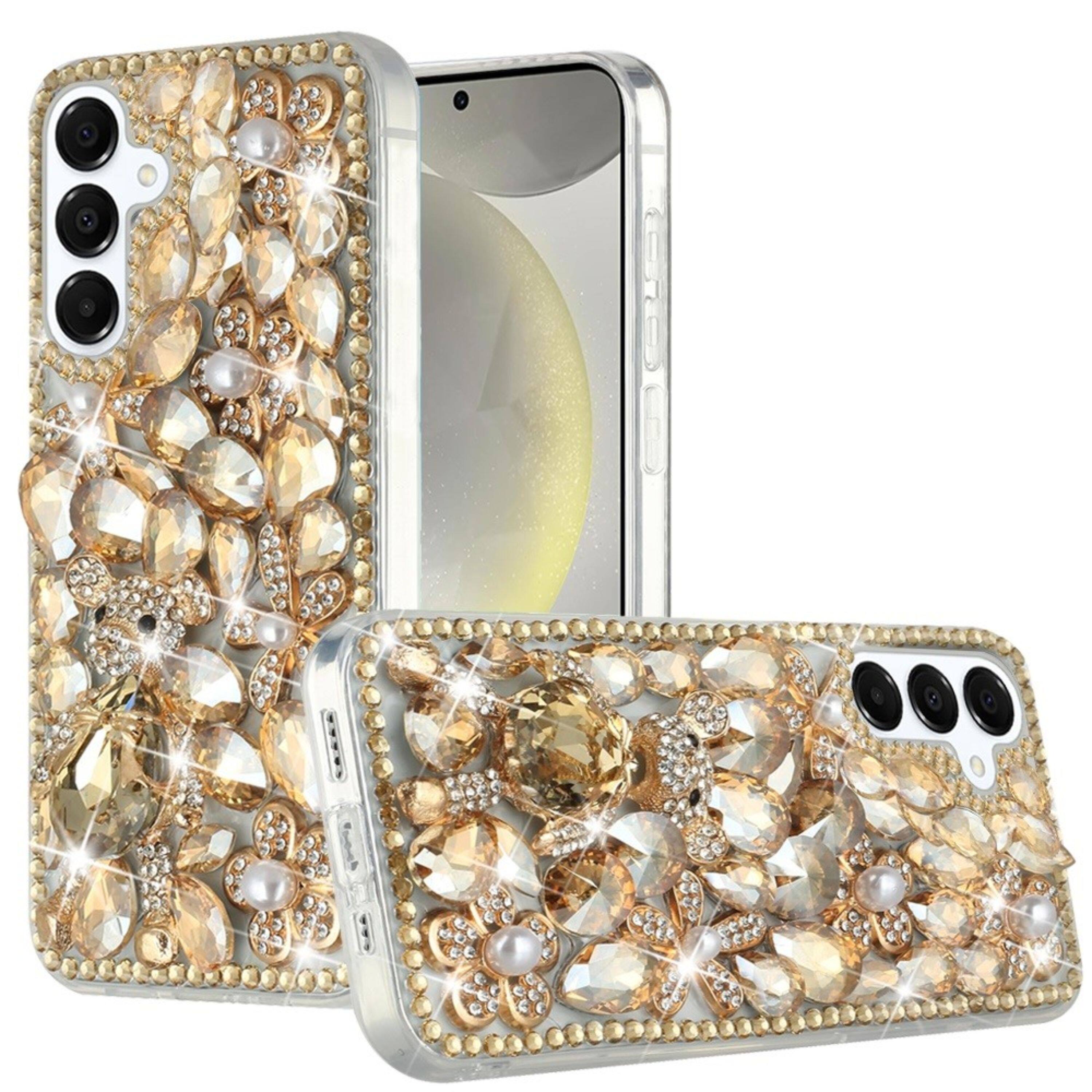 Kitcheniva - Full Diamond Bling Cover 3D Jewels Plus Tempered Glass For Samsung S25/S24 Gold Panda Floral - Multicolor