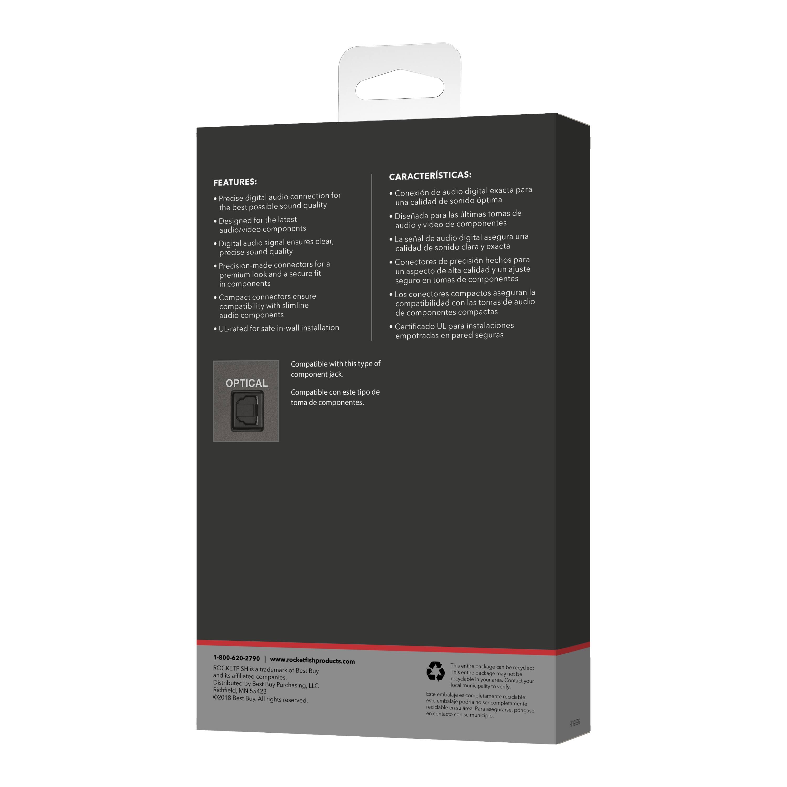 FEATURES:
- Digital audio connection for precise sound quality
- Designed for the latest audio/video components
- Digital audio signal ensures clear, precise sound quality
- Precision-made connectors for a premium look and secure fit in audio/video components
- Compact connectors ensure compatibility with simple audio components
- UL-rated for safe in-wall installation

CHARACTERISTICAS:
- Conexión de audio digital exacta para una calidad de sonido ptima
- Diseñada para las últimas tomas de audio/video de componentes
- La señal de audio digital asegura una calidad de sonido clara y precisa
- Conectores de precisión hechos para un aspecto de alta calidad y ajuste seguro en tomas de componentes
- Los conectores compactos aseguran la compatibilidad con las tomas de audio de componentes compactas
- Certificado UL para instalaciones empotr