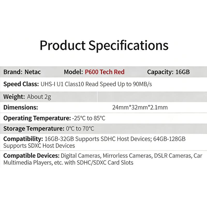 Product Specifications

Brand: Netac  
Model: P600 Tech Red  
Capacity: 16GB  
Speed Class: UHS-I U1 Class10 Read Speed Up to 90MB/s  
Weight: About 2g  
Dimensions: 24mm * 32mm * 2.1mm  
Operating Temperature: -25°C to 85°C  
Storage Temperature: 0°C to 70°C  
Compatibility: 16GB-32GB Supports SDHC Host Devices; 64GB-128GB Supports SDXC Host Devices  
Compatible Devices: Digital Cameras, Mirrorless Cameras, DSLR Cameras, Car Multimedia Players, etc. with SDHC/SDXC Card Slots