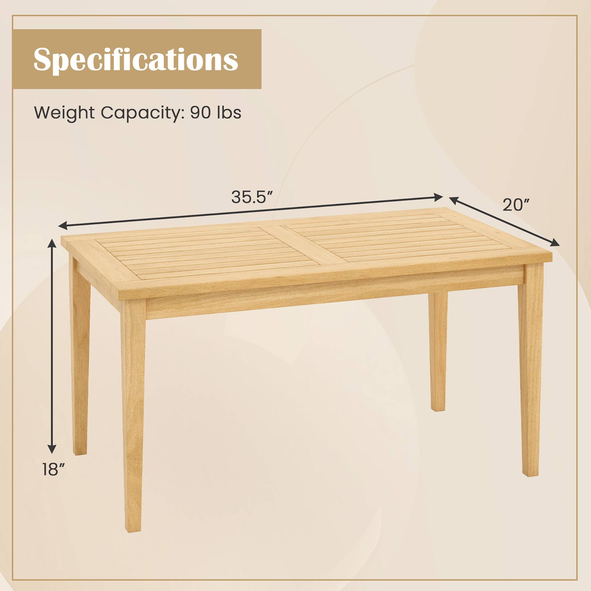 Specifications  
Weight Capacity: 90 lbs  
35.5" x 20" x 18"