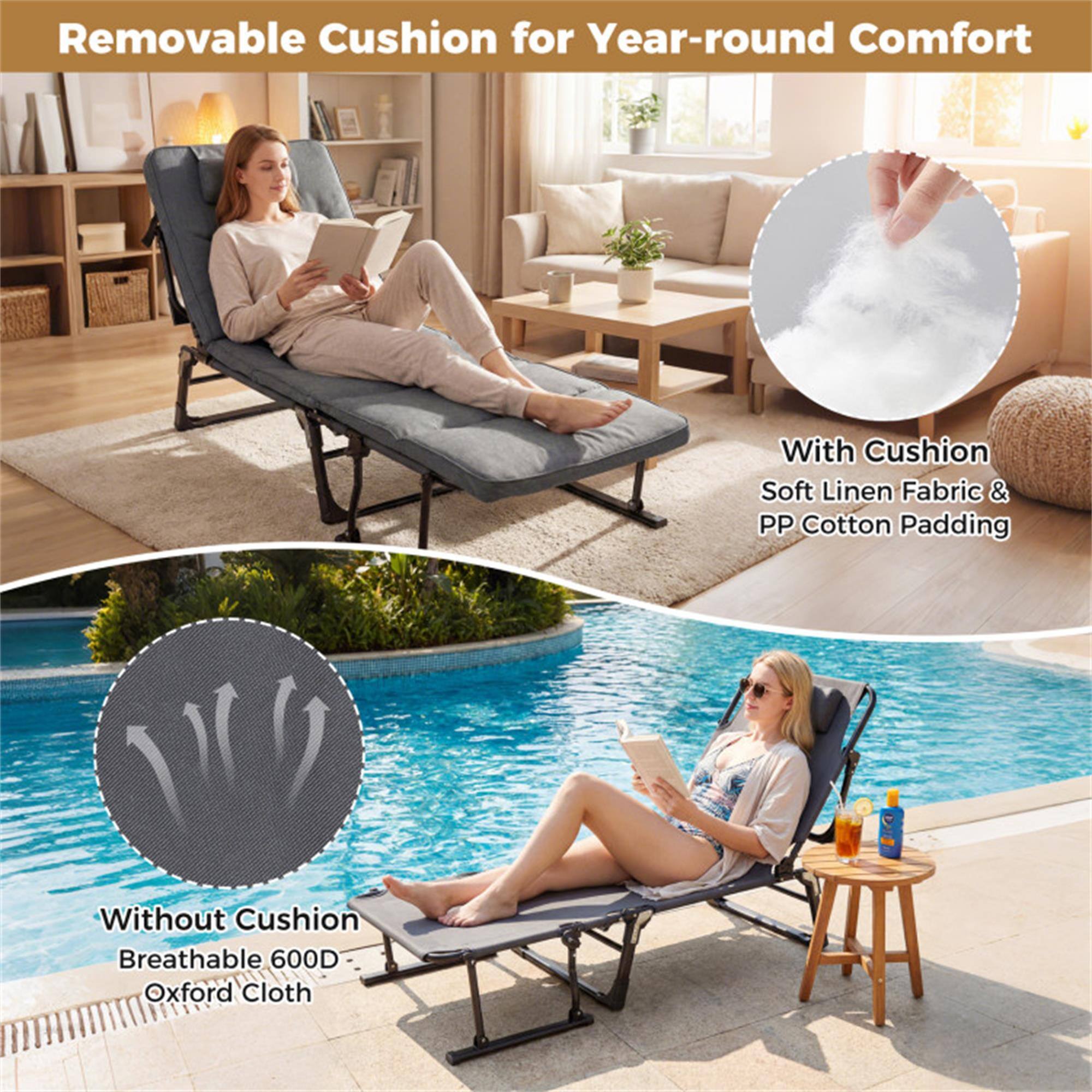 Removable Cushion for Year-round Comfort

With Cushion:
- Soft Linen Fabric & PP Cotton Padding

Without Cushion:
- Breathable 600D Oxford Cloth