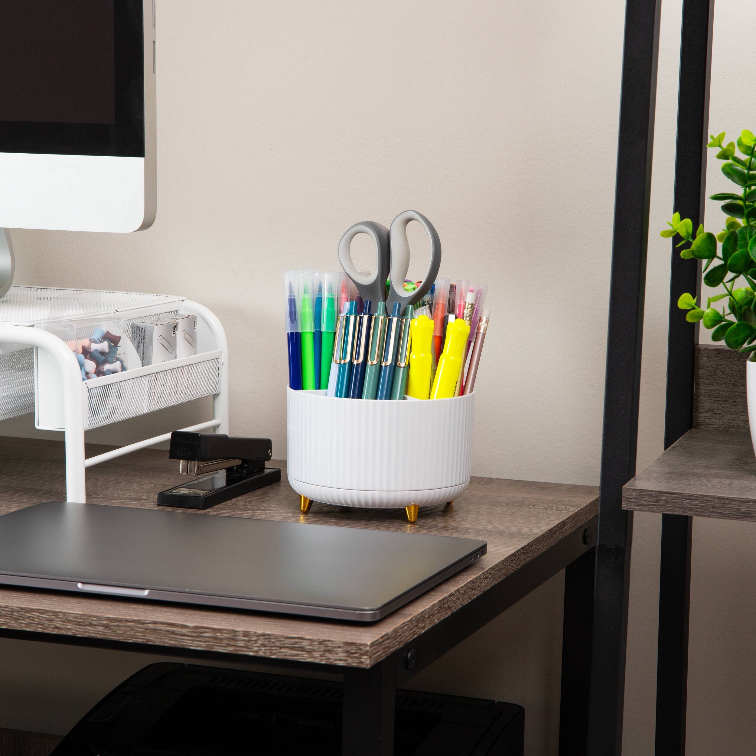 Alt View 1. Mind Reader - Rotating Pen Cup, 5-Compartment Accessory Holder for Desk Supplies, Desktop Organizer, Plastic - White.