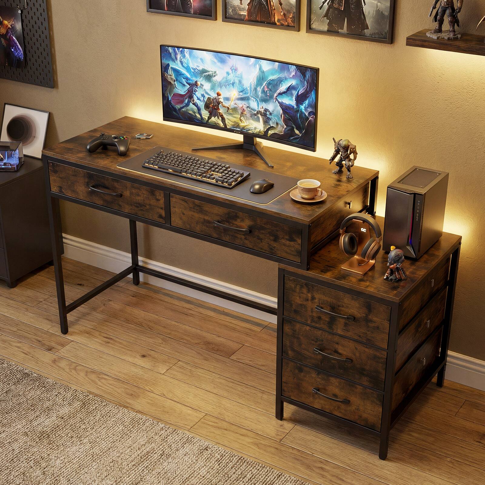 Alt View 5. Costway - Costway Computer Desk with 5 Drawers, 51 Inch Home Office Desk with Reversible Drawers - Rustic Brown.