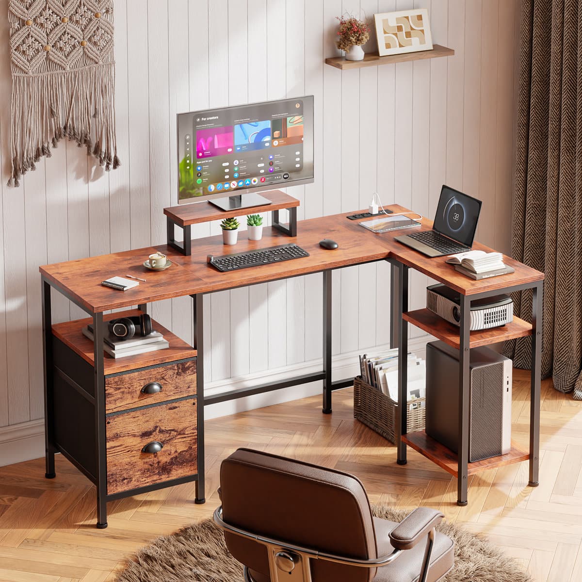 Front. Furologee - L-Shaped Computer Desk with 2 Monitor Stand  Power Outlet  Cabinet Gaming Desk Metal Base with Drawers Writing desk - Brown.