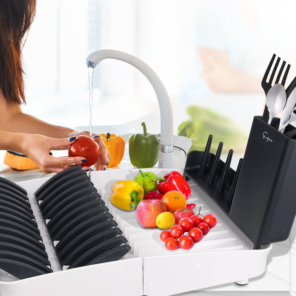 Alt View 4. Empava - 16-in Fold-Able Countertop Camping RV Collection Dish and Cups Drying Rack Drainer Set - White & Blue-gray.