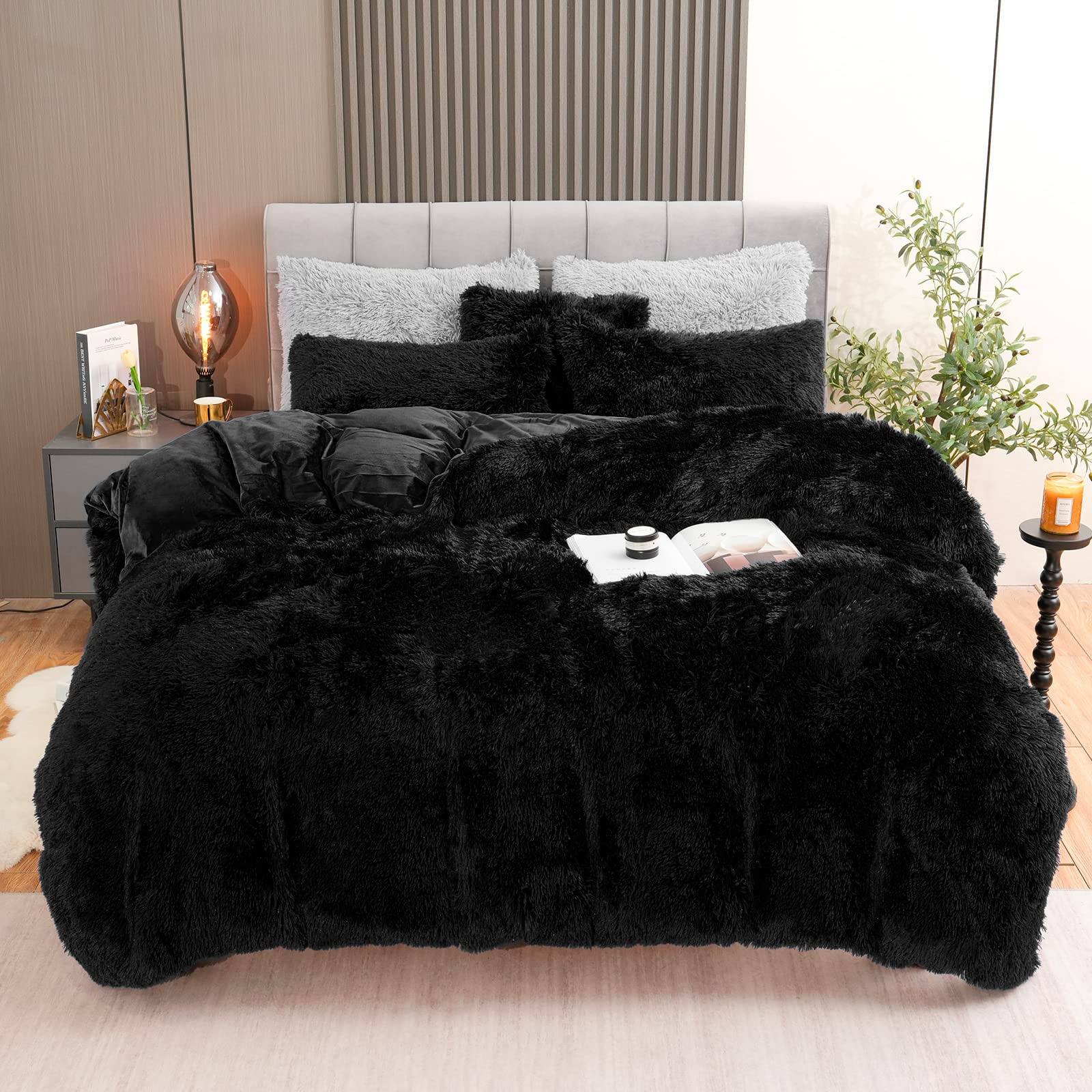 PARKER SLATER - Fluffy Plush Black Duvet Cover Set Luxury Ultra Soft Fuzzy Comforter Bed Sets 4pcs(1 Faux + 2 Pillow Cases 1 - Black-Twin